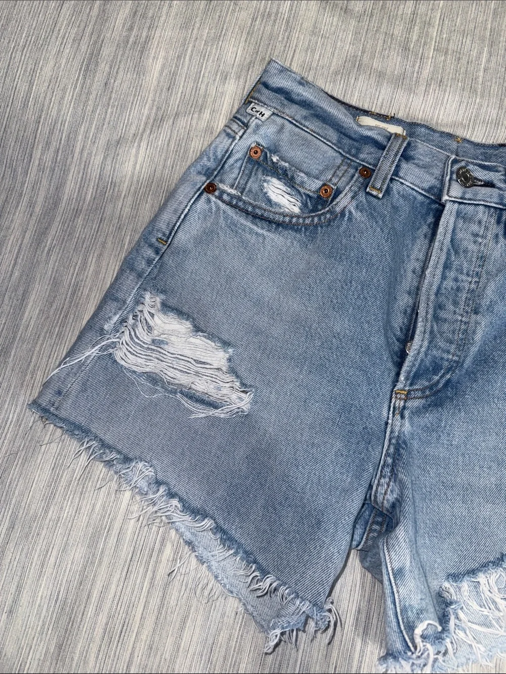 Citizens Of Humanity Annabelle Long Light Blue Distressed Denim Cutoff Shorts